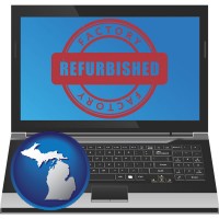 michigan map icon and a refurbished laptop computer