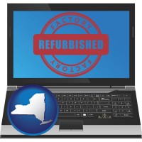 new-york map icon and a refurbished laptop computer